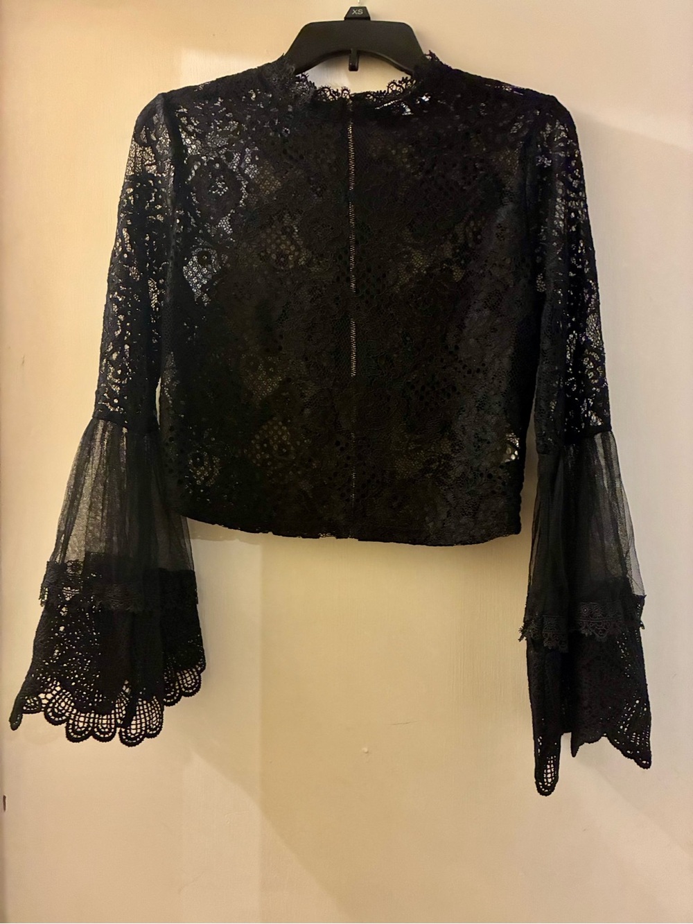 FAVLUX Black Lace Bell-Sleeve Cropped Blouse